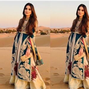 Beautiful Shehla Chatoor Green Embellished outfit with golden & offwhite Accents